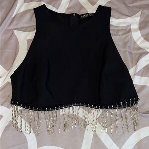 SHEIN Black Crop Top with Silver Fringe
